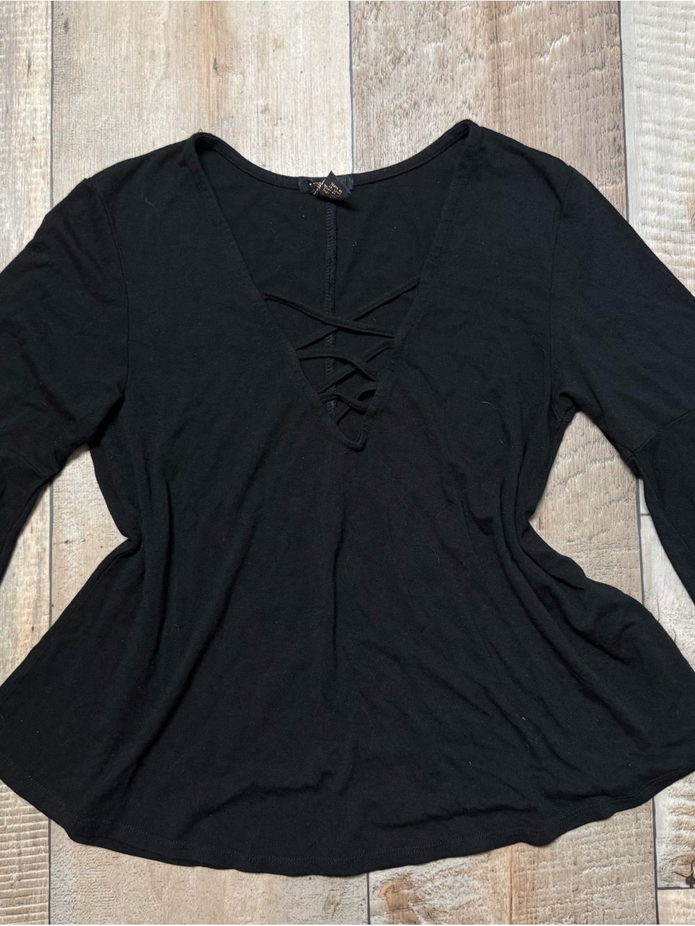 Forever 21 Black Lace-Up V-Neck Long Sleeve Top